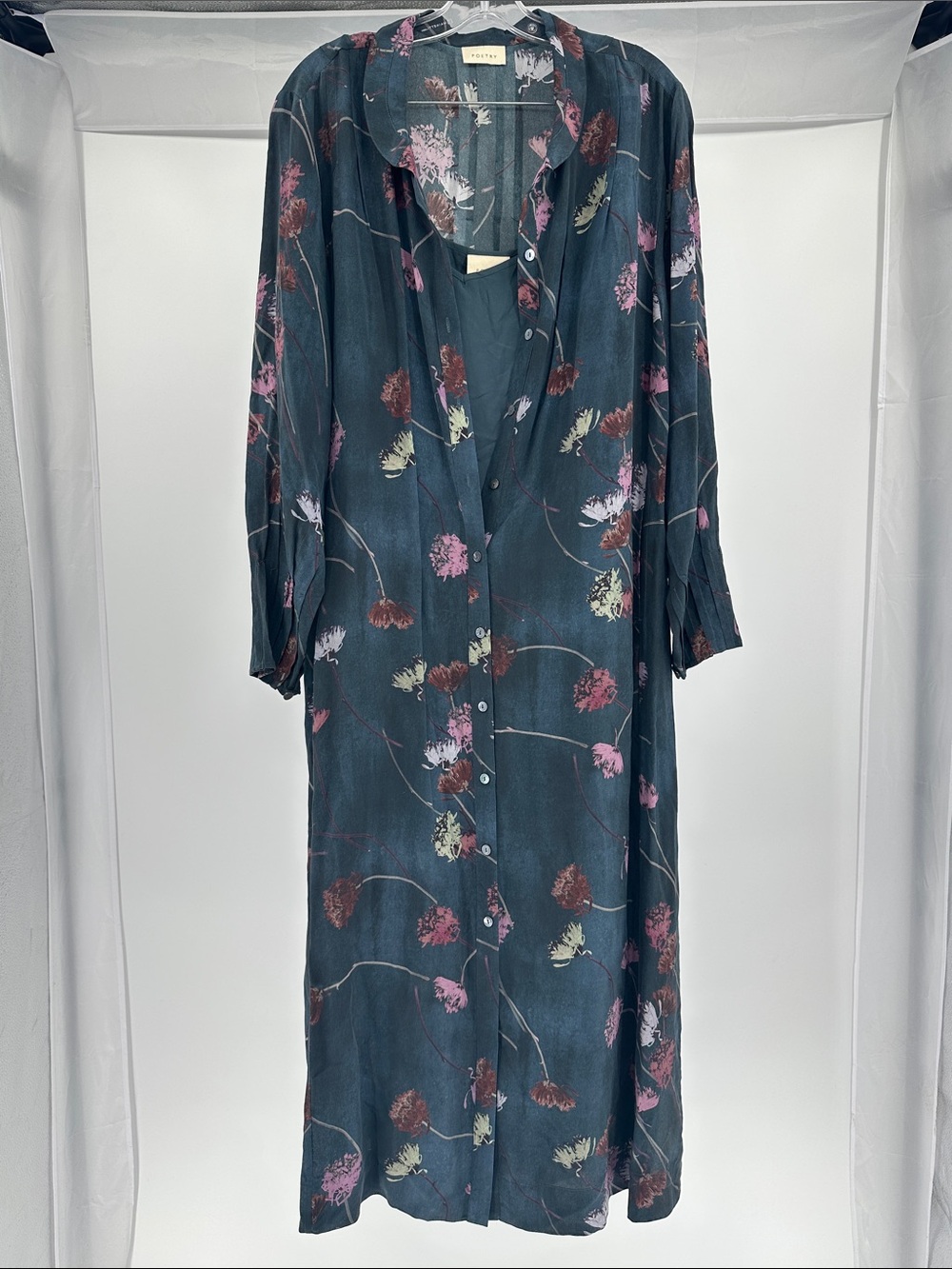 Poetry Long Floral Button-Front Maxi Dress in Teal with Pink & Cream Accents